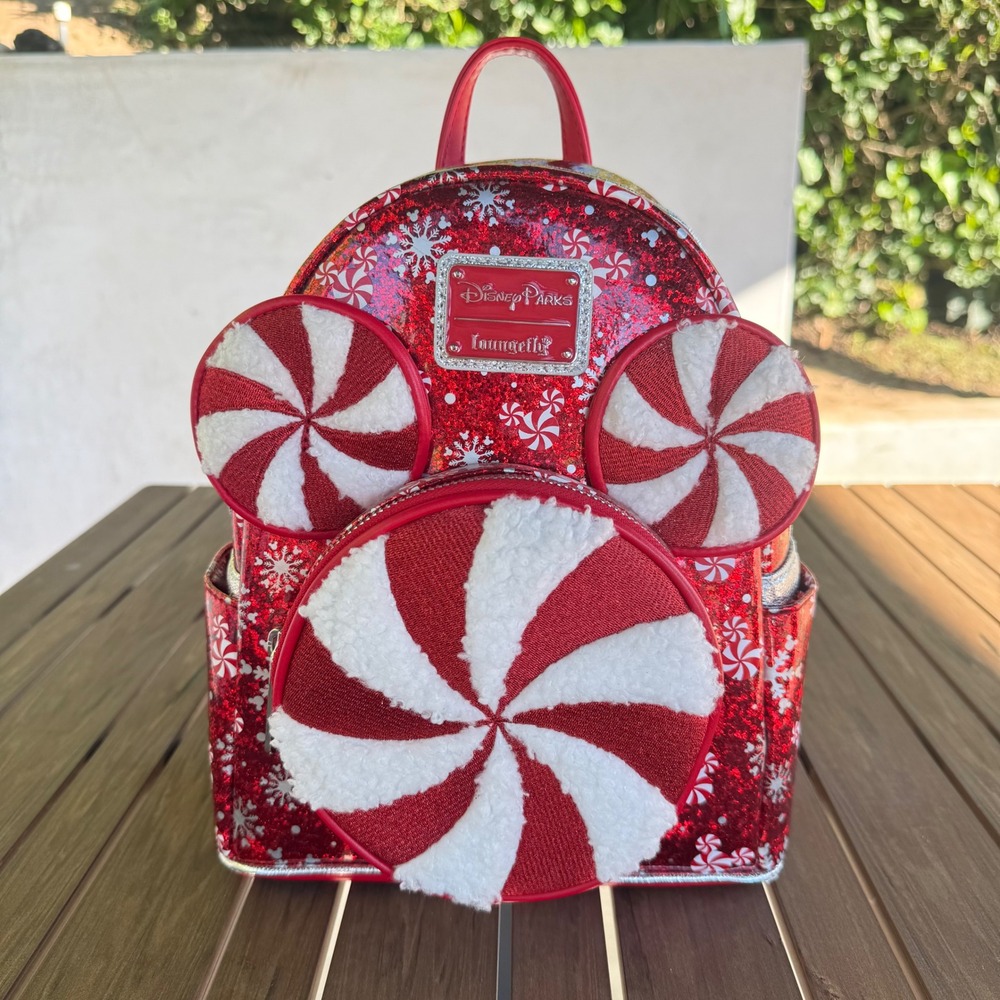 Disney Parks Loungefly Red Glitter Peppermint Mickey Mouse Holiday Mini Backpack - Picture 3 of 11